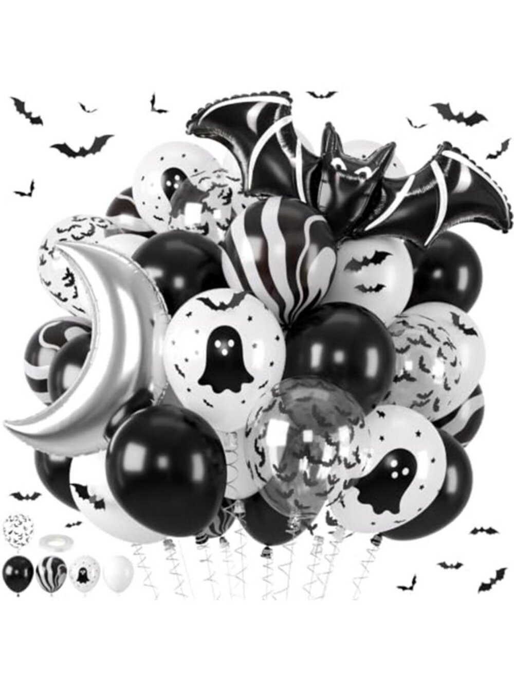 Halloween Balloons, Ghost Marble Printed Balloon with Silver Moon Winged Bat